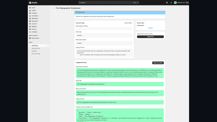 Side-by-side diff preview of AI-suggested copy ready to apply