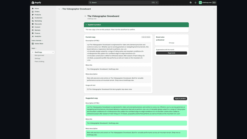 Side-by-side diff preview of AI-suggested copy ready to apply