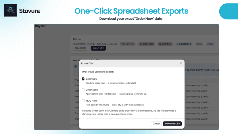 Export supplier-ready purchase recommendations as CSV