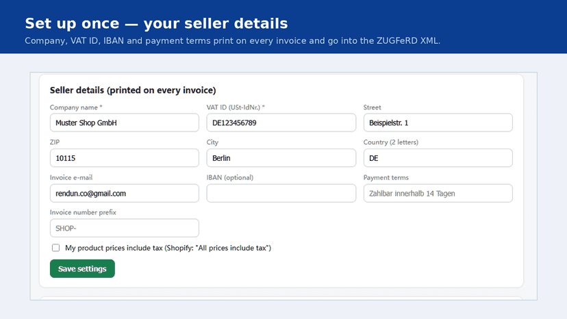 Seller details setup: company, VAT ID, IBAN,payment terms