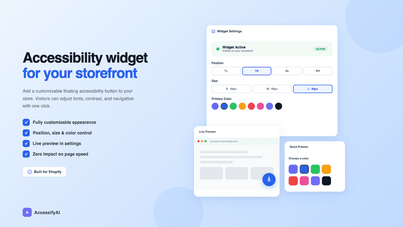 Accessibility widget settings with color and position