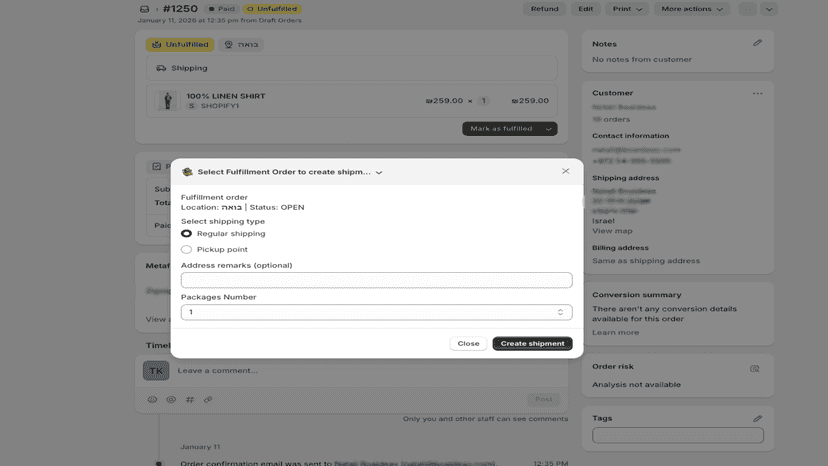 Create delivery from the Shopify admin