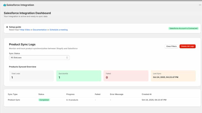 Salesforce products sync logs dashboard