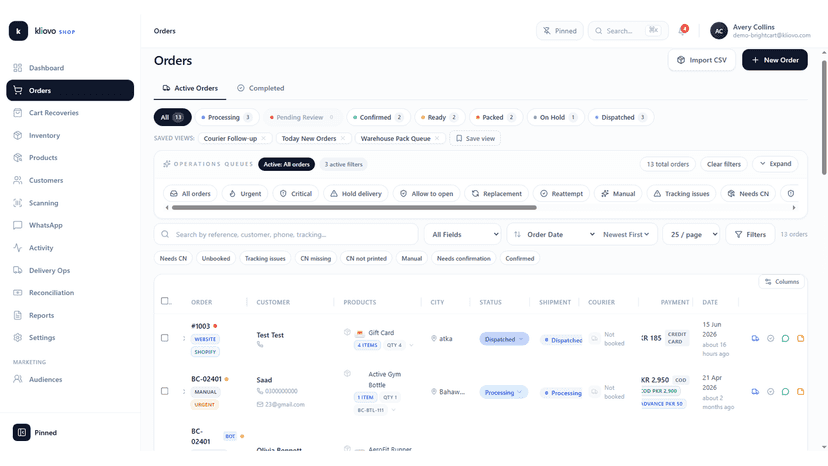 Shopify orders synced into Kliovo dashboard