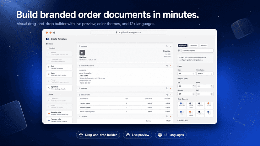 Drag-and-drop template builder customizing an invoice design