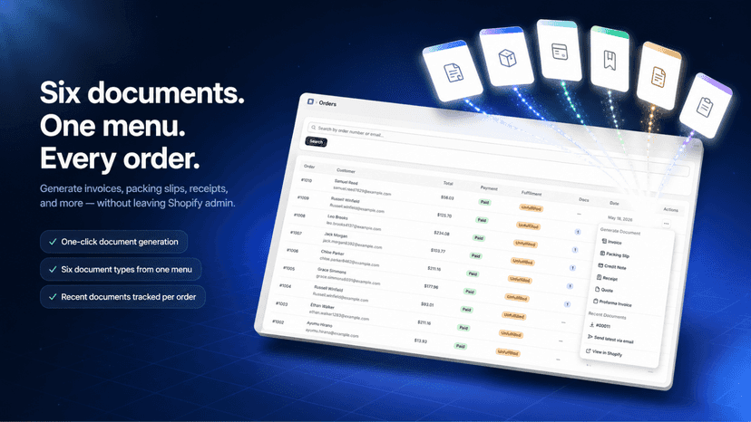 Generate any document type instantly from any Shopify order
