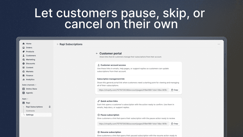 Customer portal links to pause, skip, or cancel
