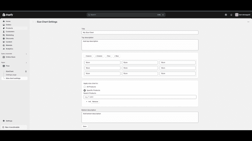 Size chart settings