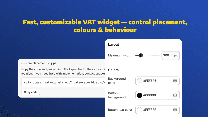 VAT ID widget layout, placement, width, and color settings