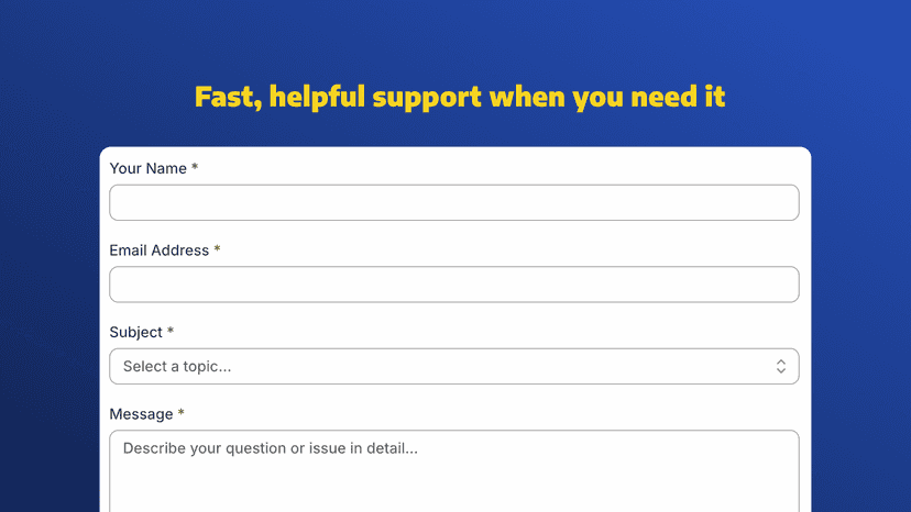 Support contact form for merchants to request help and assistanc