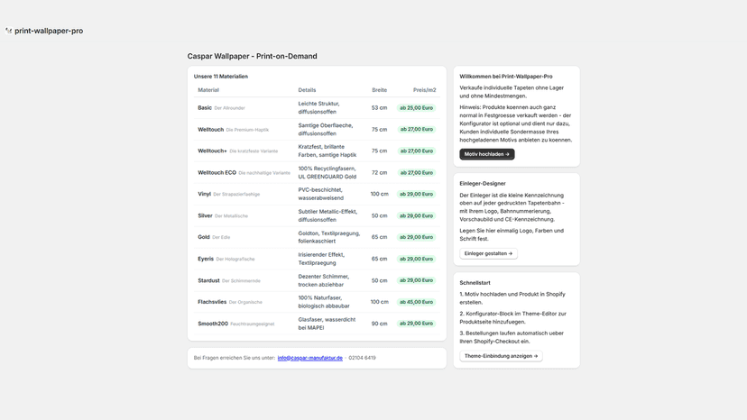 App-Dashboard mit 11 Materialien, Einleger Designer etc.