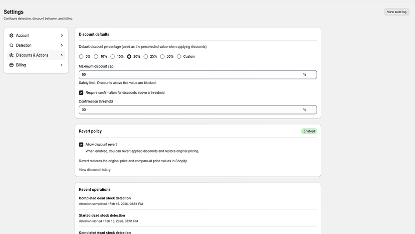 Discount defaults and revert policy for price experiments