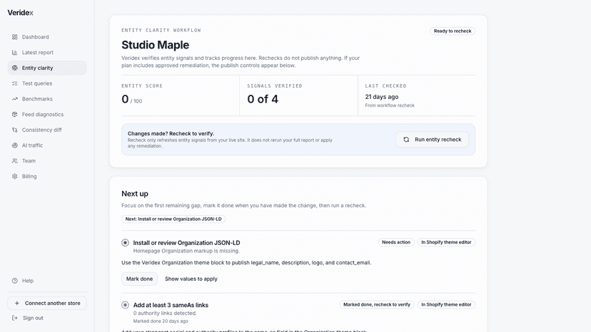 Entity clarity workflow listing schema fixes to verify