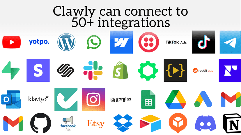 Clawly can connect to 50+ integrations