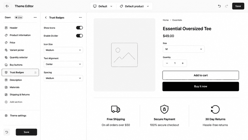 Shopify theme editor interface showing the Trust Badges section