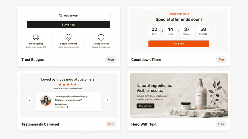Close-up Shopify app interface showing four customizable storefr