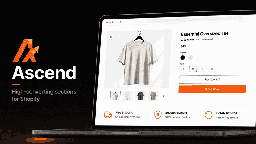 Minimalist dark-themed Shopify app promo image for Ascend