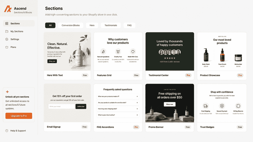 Modern Shopify app dashboard interface for Ascend – Sections & B