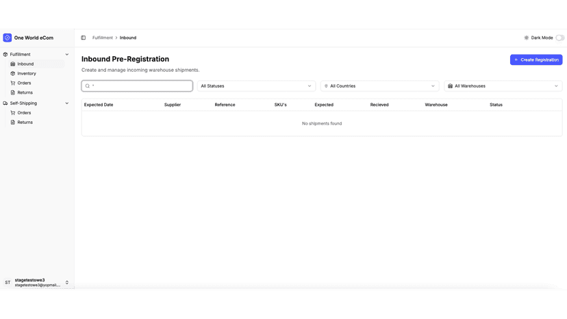 Inbound dashboard with filters and an empty shipment list