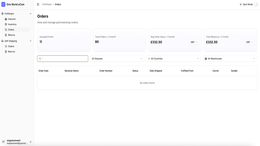 Fulfillment orders dashboard with filters and no orders listed