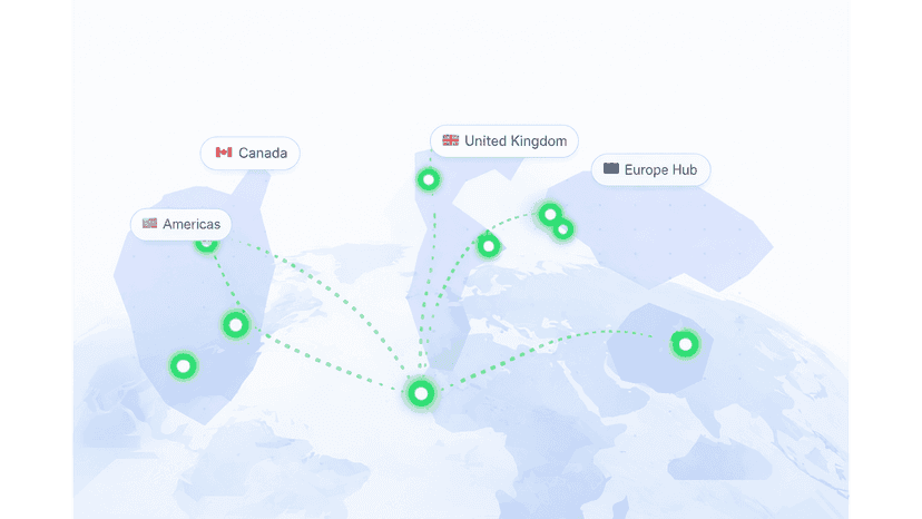 World map with regions linked by green nodes and dotted lines