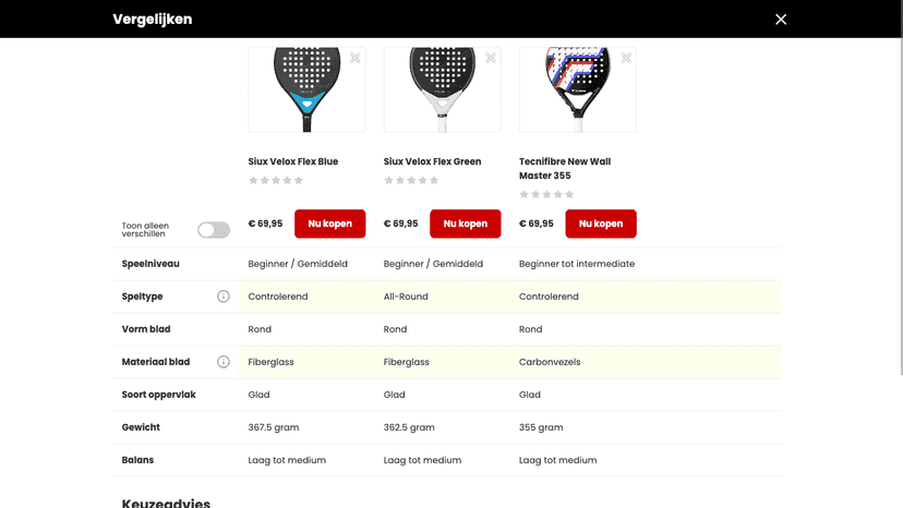 A comparison table of 3 padel rackets
