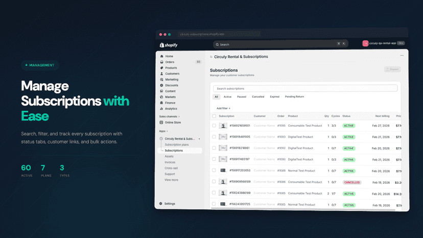 Subscription list with status filters and bulk actions