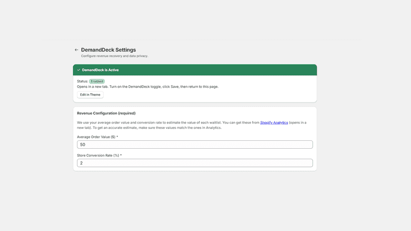 Settings page to configure revenue metrics