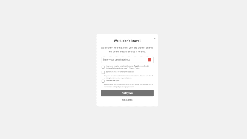 Storefront popup capturing email on a zero-result search page
