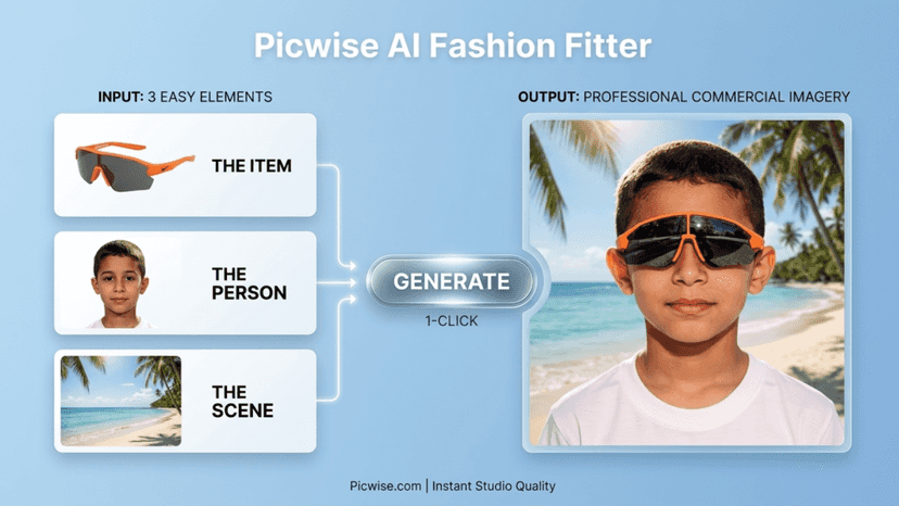 AI tool: Combining item, person, and scene into a product photo.