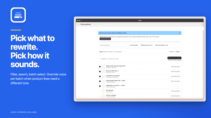 Pick products picker with filters and bulk select