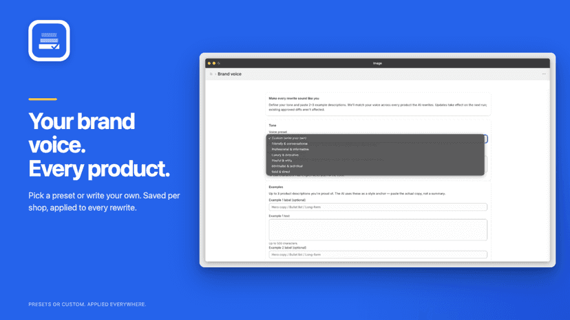 Brand voice setup with 6 tone presets