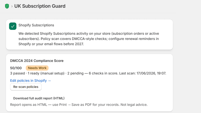 UK Subscription Guard compliance dashboard
