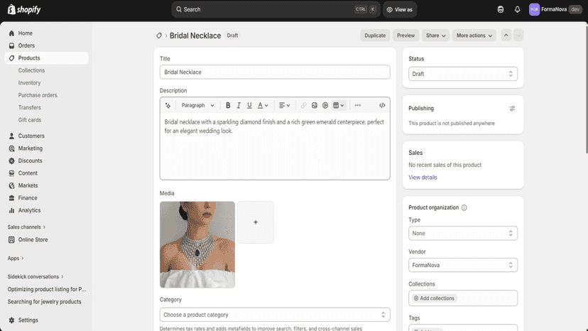 Draft product created in Shopify admin