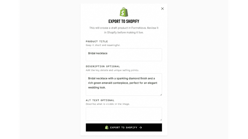 Export jewelry photo to Shopify as draft product