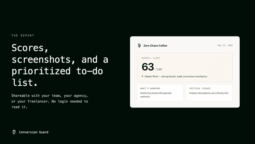 Scores, screenshots, and a prioritized to-do list.