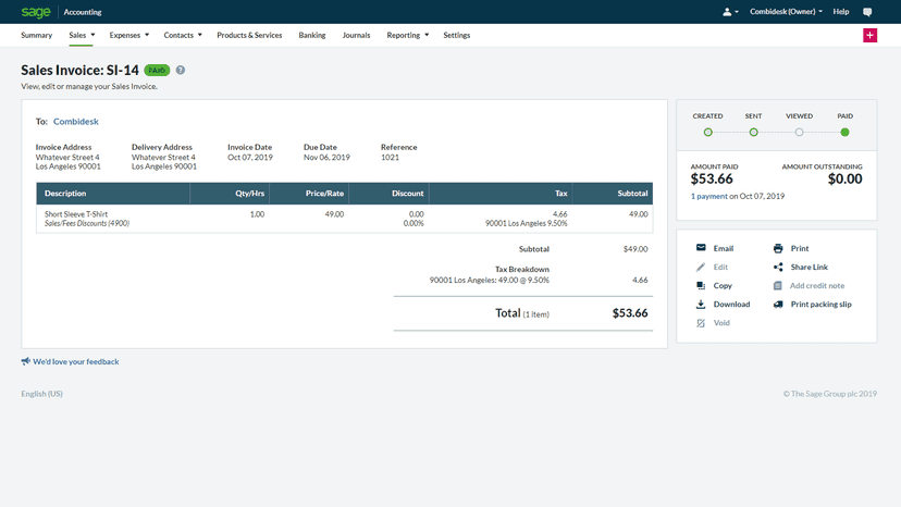 Shopify Sage Business Cloud Accounting booking