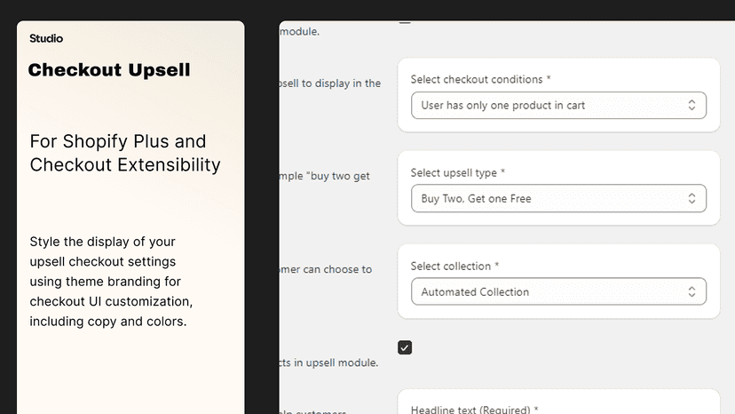 Upsell Checkout by Studio Admin Options Example