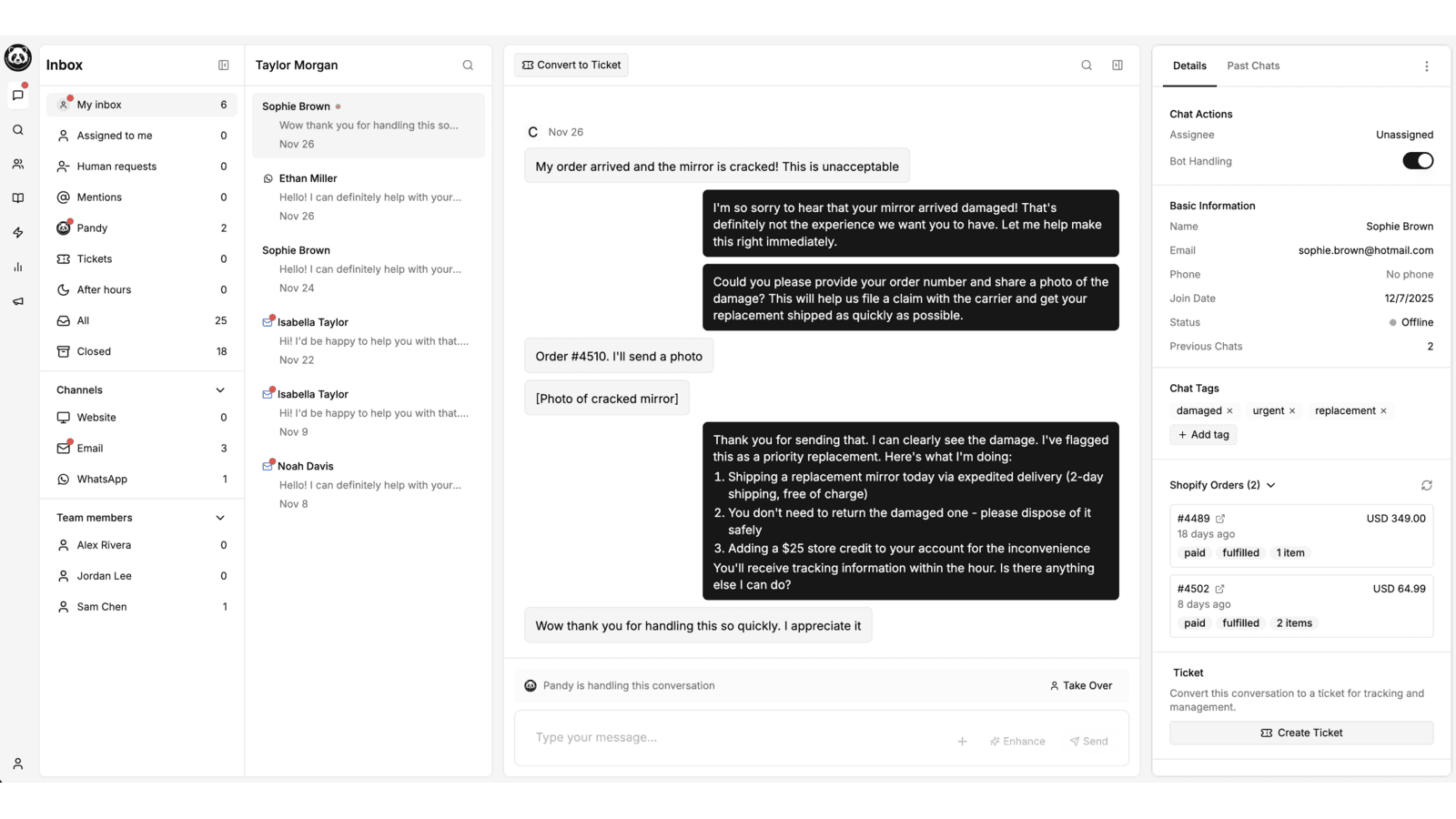 Pandy inbox showing customer conversations with unread indicator