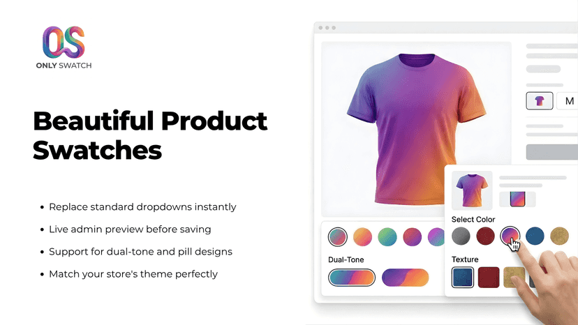 Product page with colorful visual variant swatches.