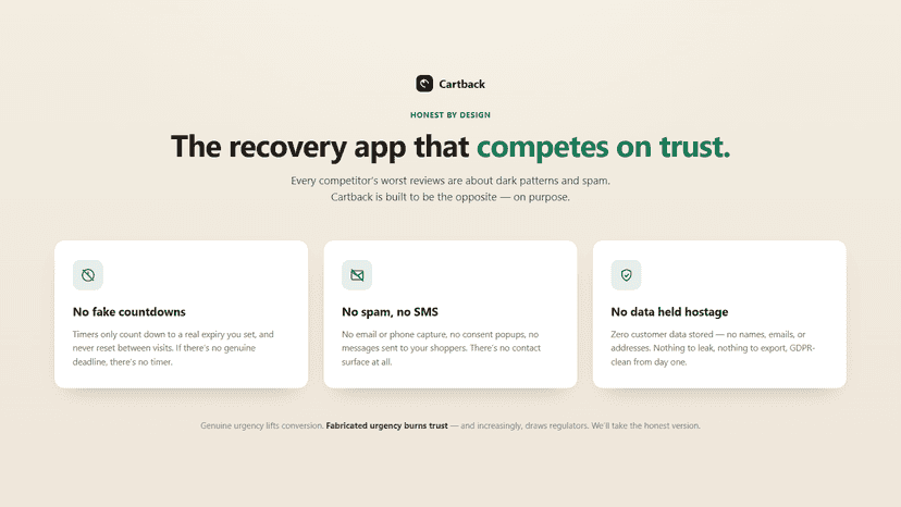 Cartback: no fake timers, no spam, no customer data