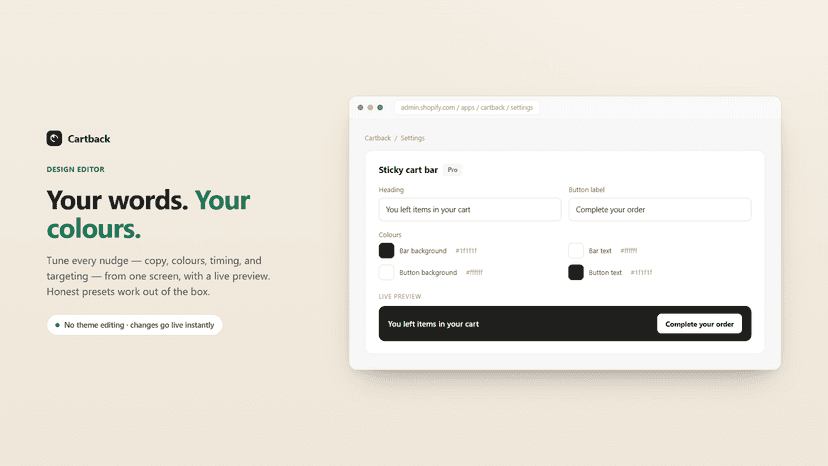Cartback settings with a live cart-bar preview