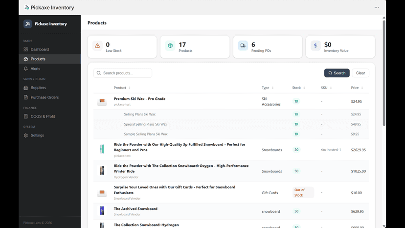 Product catalog with stock tracking