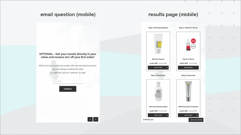 email question and results page (mobile preview)