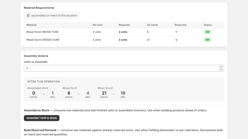 Assembly page to assemble raw materials into on hand products