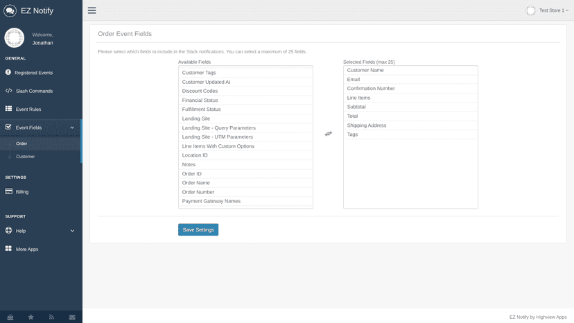 Order event fields.