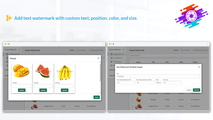 Add text watermark with custom text, position, color, and size.