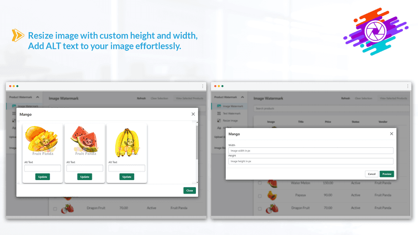 Resize image with custom height and width, Add ALT text to .