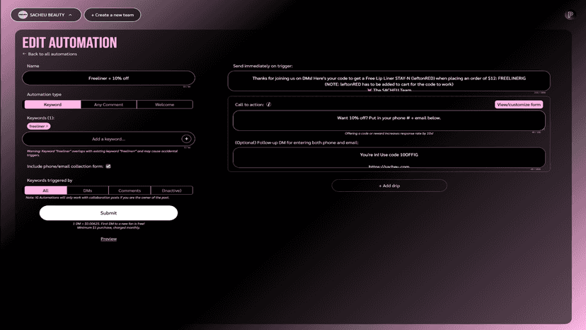 Merchant automation setup (including email + phone # collection)