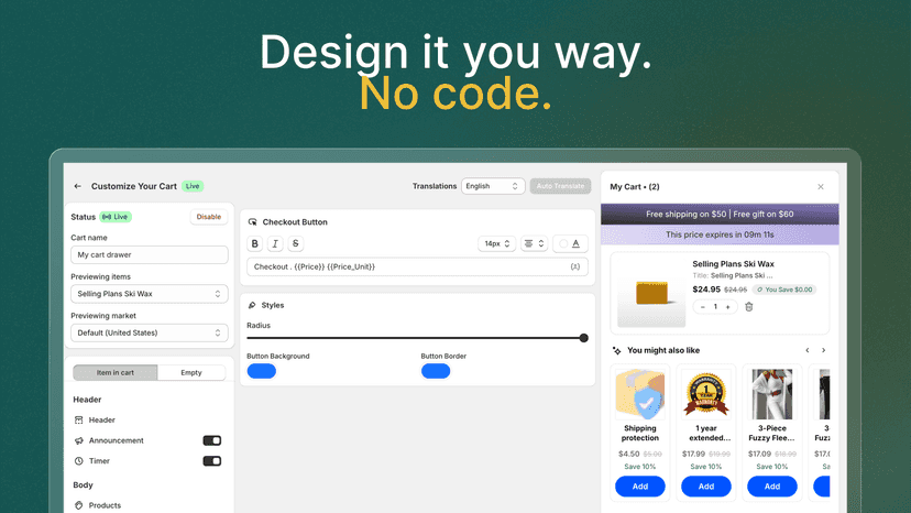 No-code cart drawer editor with drag-and-drop sections